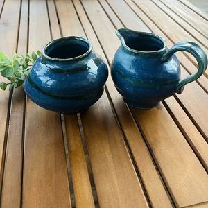 Set Of 2 Blue Handmade Pottery Creamer And Small Vase Signed Klaudia